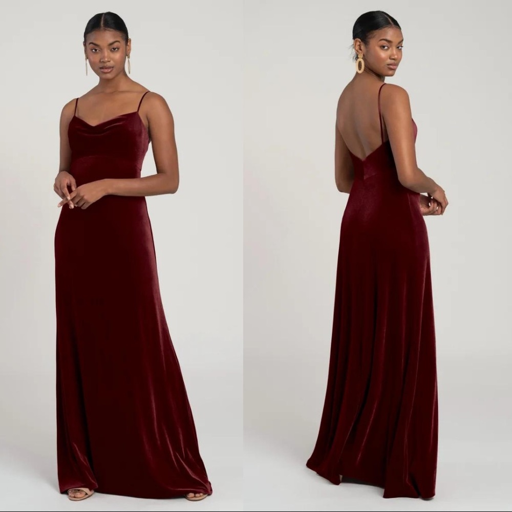 Jenny Yoo Sammi Dark Berry Velvet Cowl Neck Gown